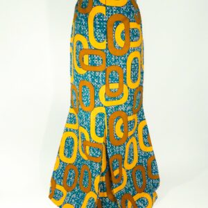 Falda larga con estampado africano en tejido wax 100% algodón. Hecha a mano. Ropa étnica artesanal exclusiva.