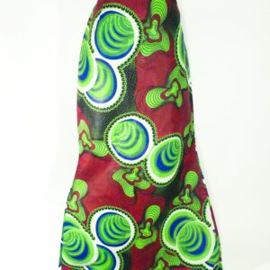 Falda africana larga estampada en tonos granate, verde lima y azul. Hecha a mano. Prenda atemporal y con alma.