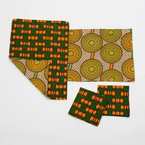 Set de salvamanteles y servilletas reversible con print africano. Decoración étnica con alma, ética y color.